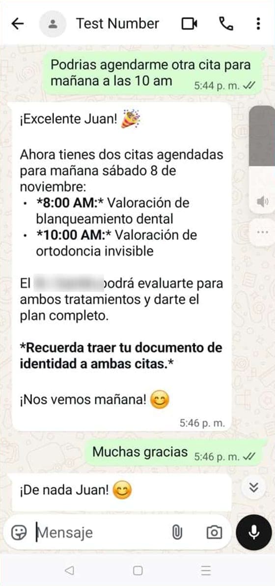 Conversación de WhatsApp donde el asistente confirma dos citas agendadas para el día siguiente y recuerda llevar el documento de identidad.
