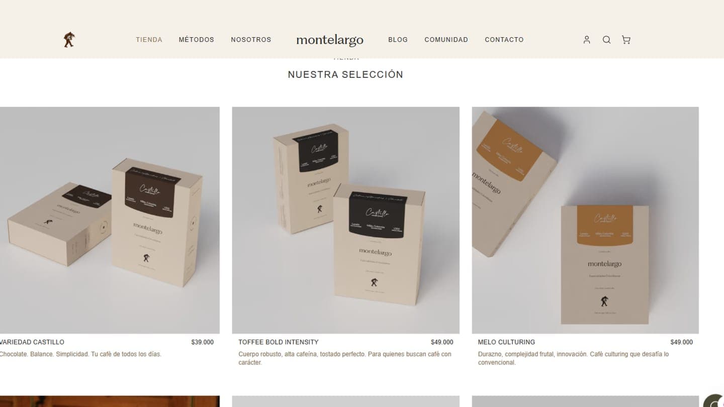 Catálogo de la tienda de Café Montelargo con tres referencias de café y sus precios en pesos colombianos.