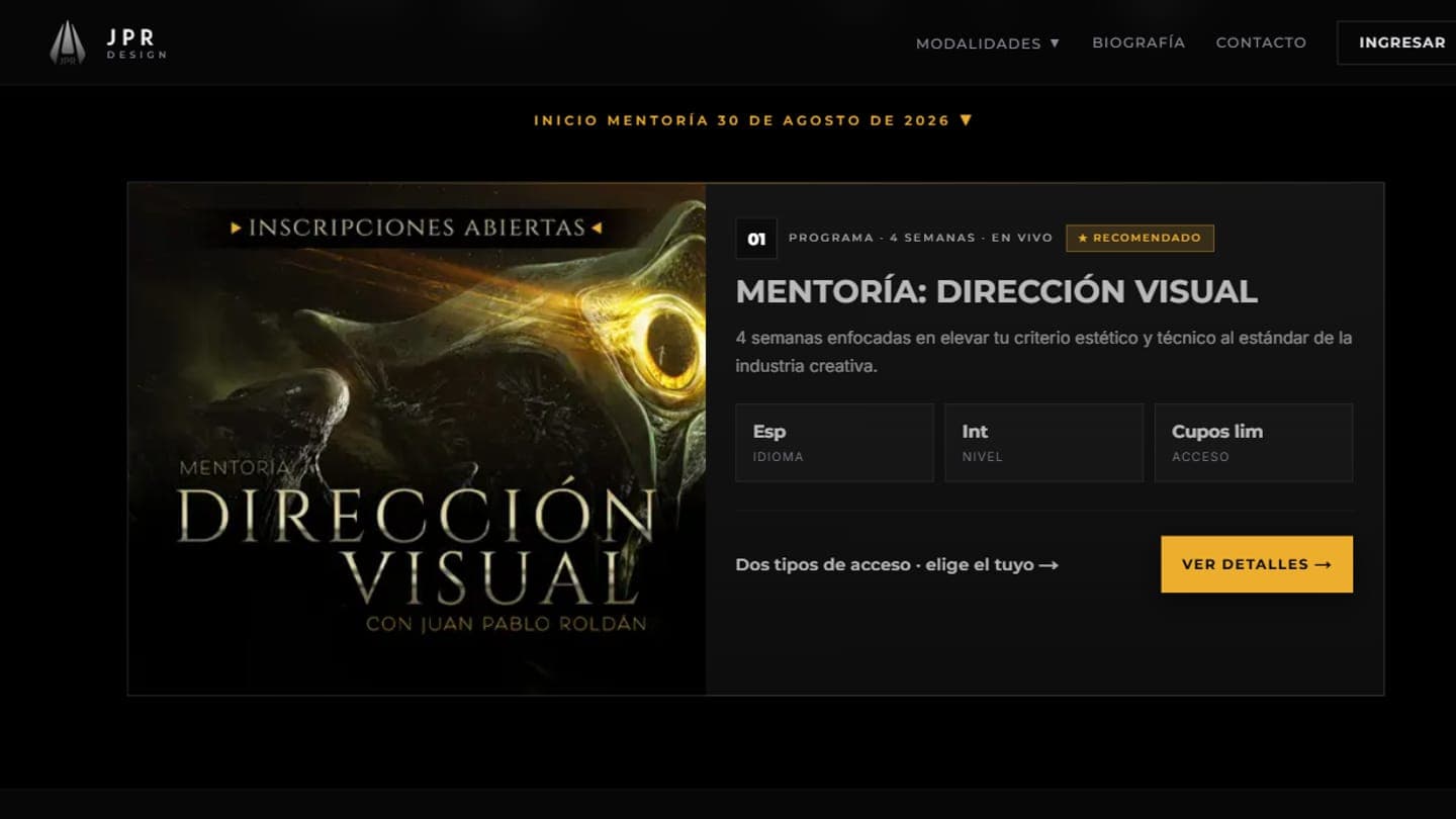 Página de la mentoría Dirección Visual en jprdesigntraining.com, con el aviso de inscripciones abiertas y la etiqueta de cupos limitados.